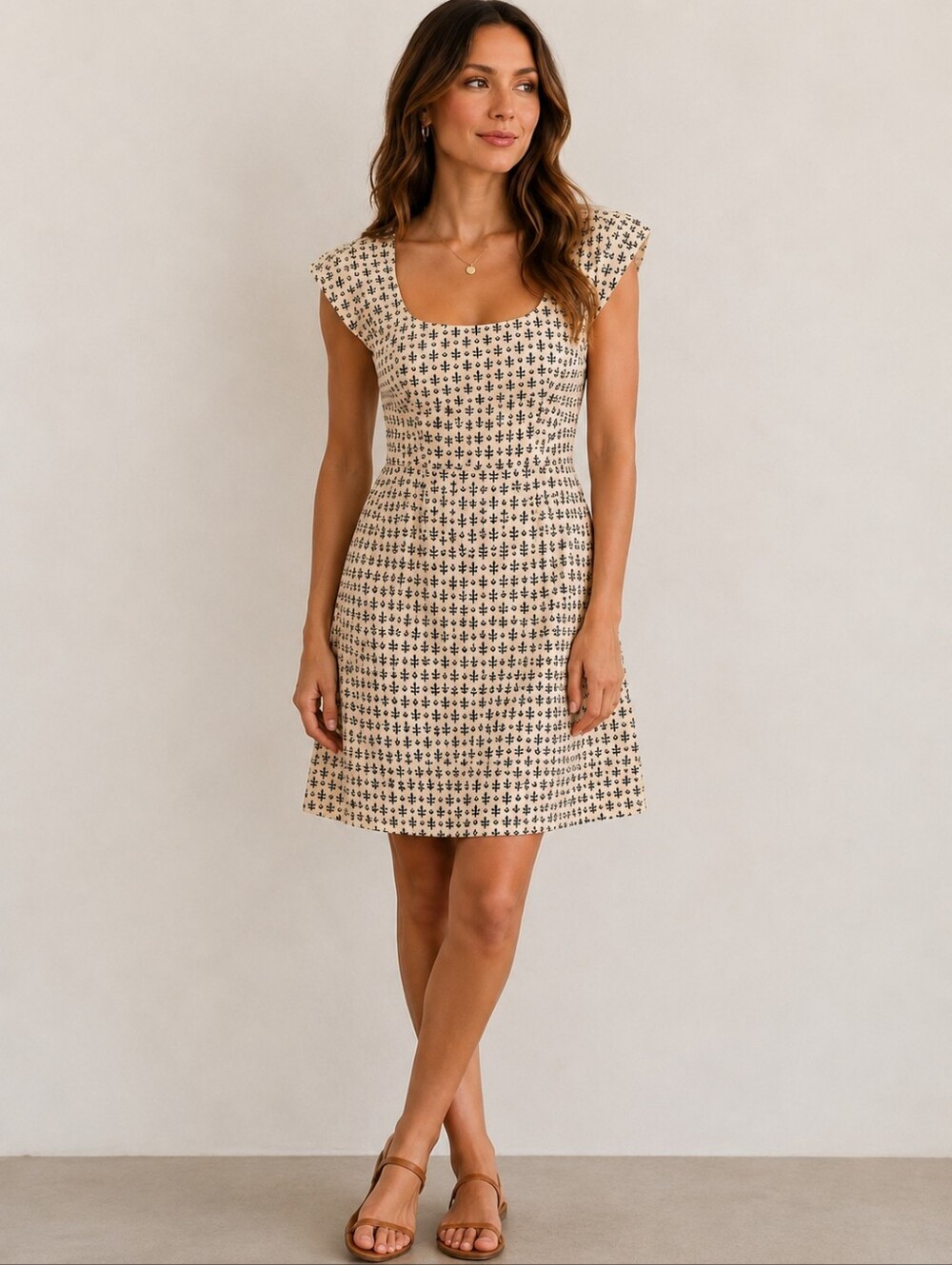 French Connection Cream Dress with Black Geometric Print Size 0